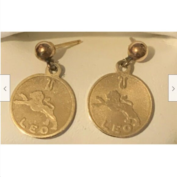 Vintage 14k Zodiac LEO Sun Sign Astrology Coin Drop Post Earrings - Picture 1 of 7